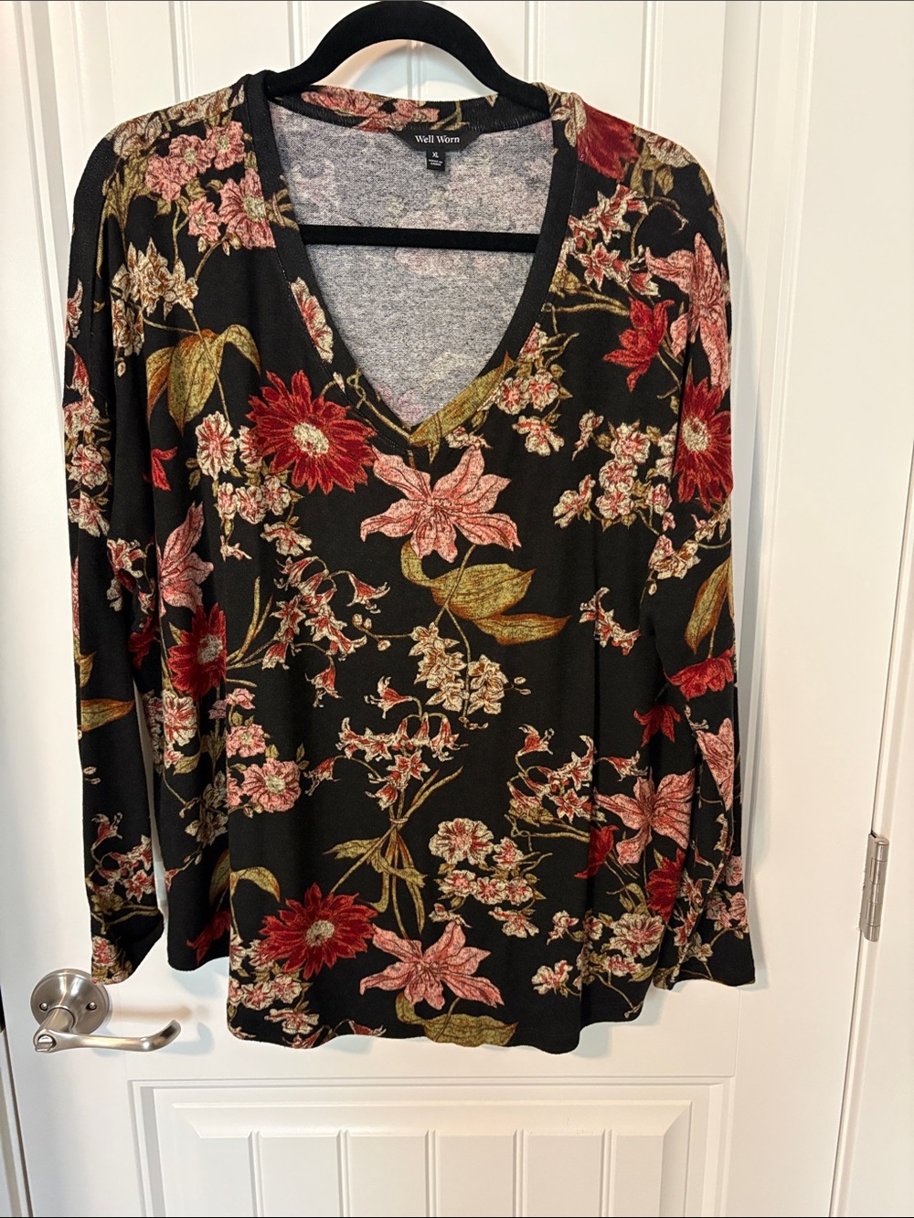 Well Worn Black Floral V-Neck Long Sleeve Top with Red and Pink Accents